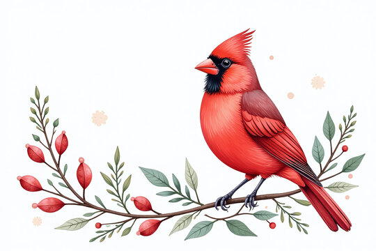 red cardinal watercolor winter plants white background festive holiday clip art