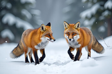 Fototapeta premium red foxes roam snowy landscape wild animals evergreen trees frosty