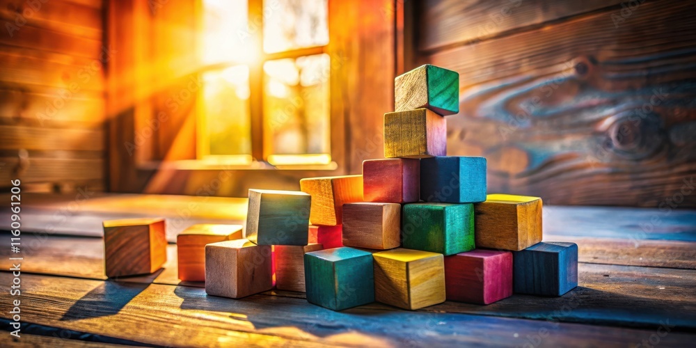 Aufkleber A colorful tower of wooden blocks built on a rustic wooden surface, illuminated by the warm glow of a setting sun shining through a window.