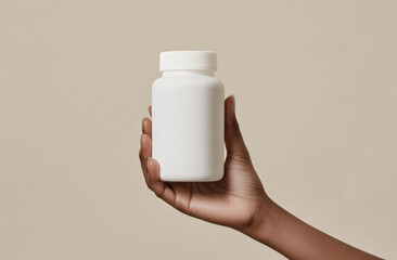 Close-up of a hand holding a white, blank supplement bottle mockup on a beige background. The aesthetic is minimalist, with professional color grading