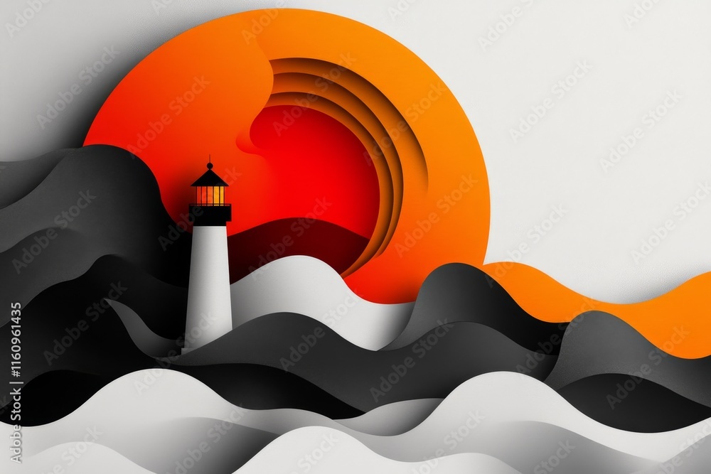 Poster A flat design of a lighthouse standing alone against crashing waves, with bold colors and simple shapes