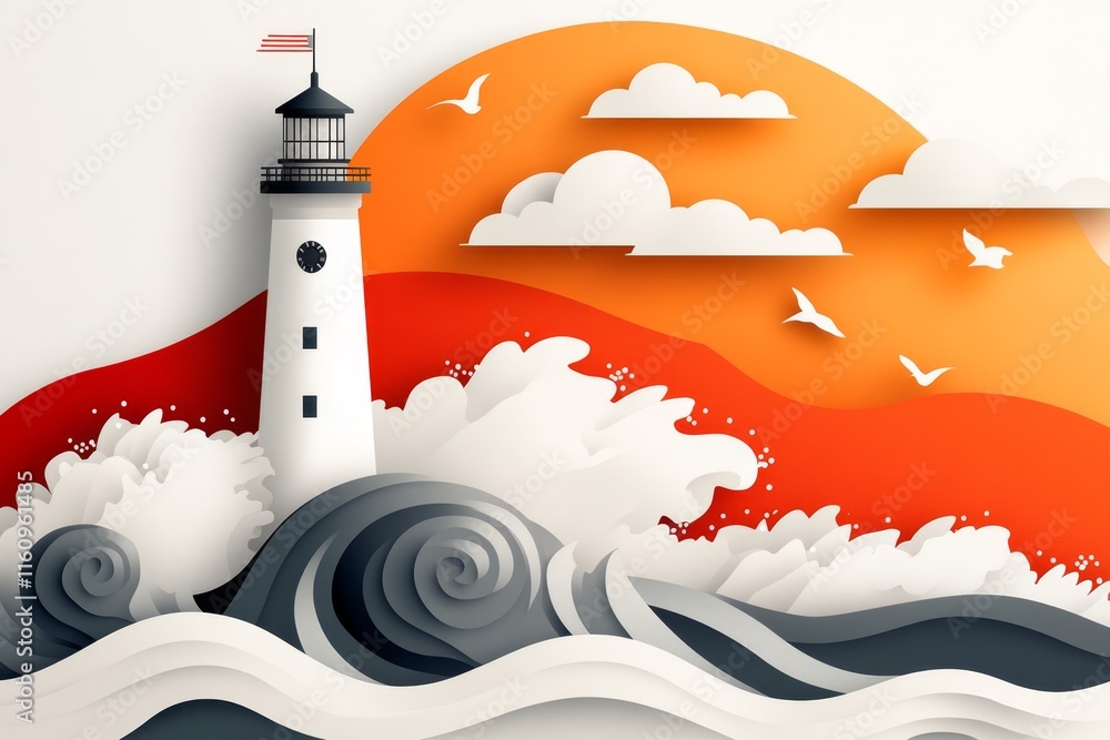 Poster a flat design of a lighthouse standing alone against crashing waves, with bold colors and simple sha