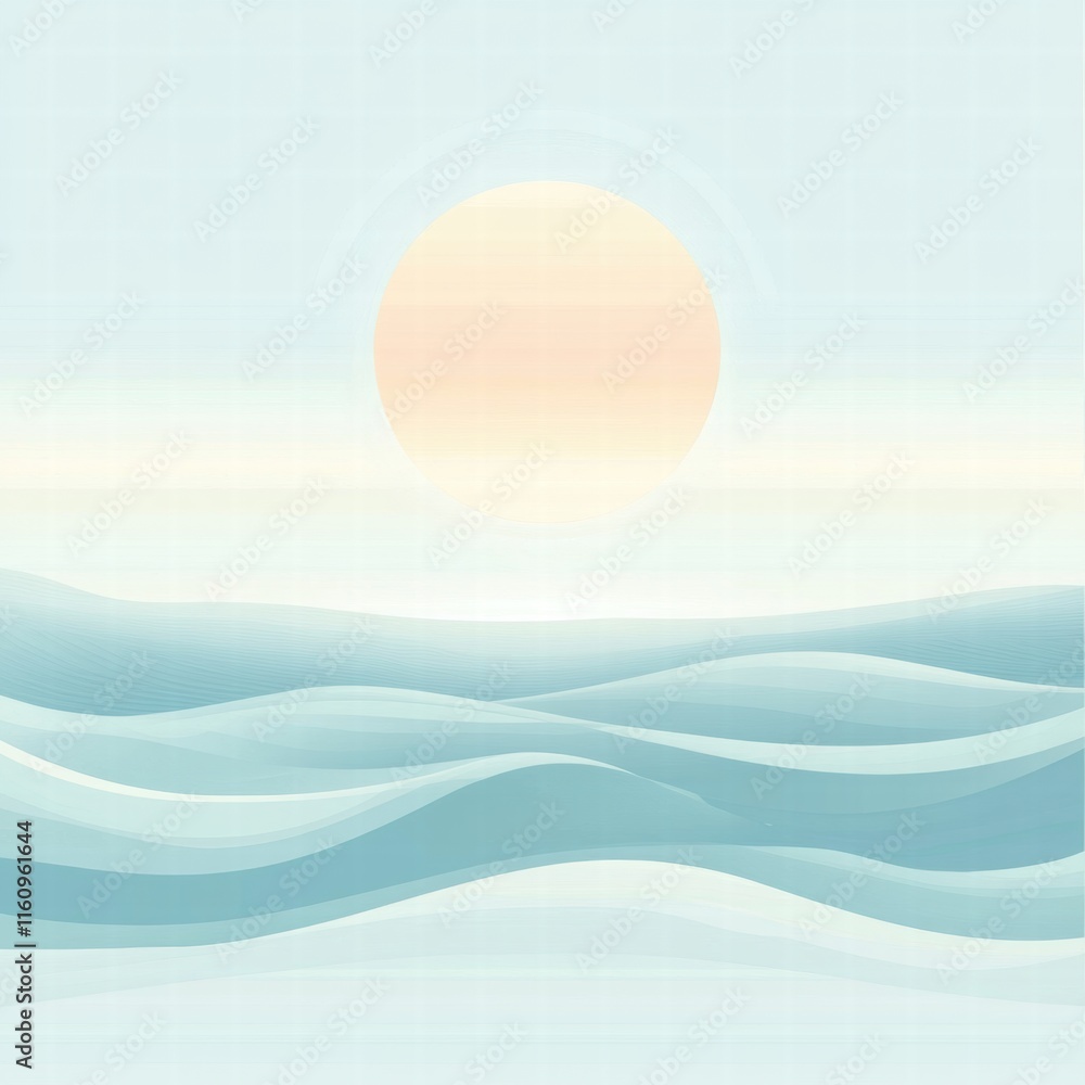 Poster Stylized sun above soft waves creating a serene atmosphere with plenty of copy space for text. Generative AI