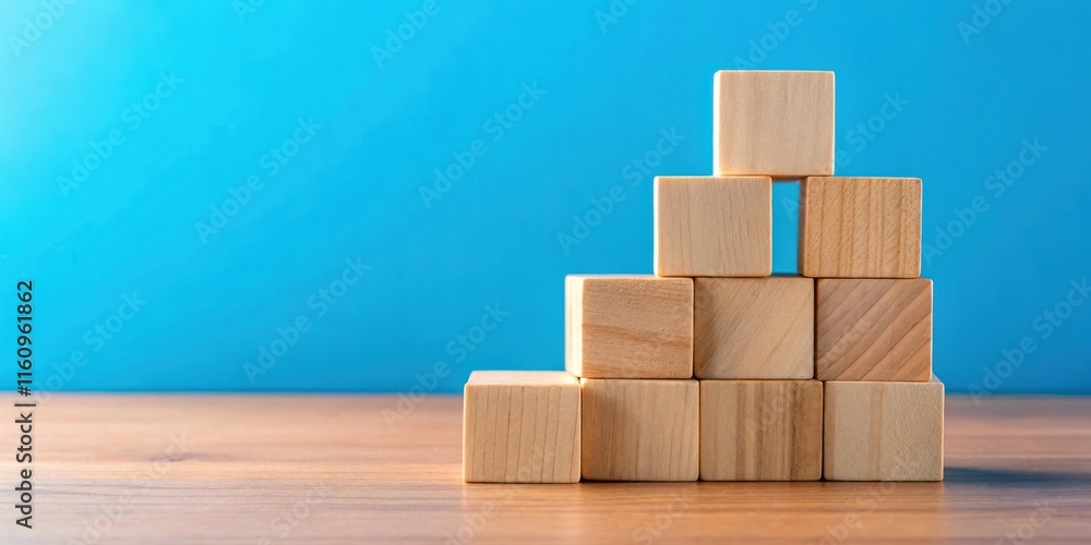 Poster wooden blocks stacked in a pyramid shape on a wooden surface with a light blue background
