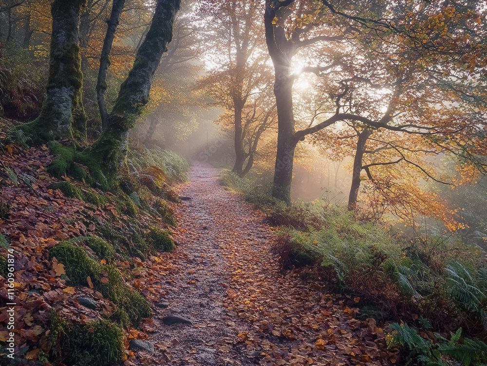 Poster misty forest pathway with golden autumn foliage and sunlight filtering through trees. autumn backgro