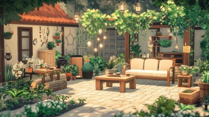 Fototapeta premium Terrace house with plants, wooden wall and table, comfortable sofa, armchair and lanterns. Cozy space in patio or balcony. Wooden verande with garden furniture. Modern lounge outdoors in backyard. 