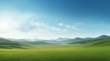 A vast open field with a clear sky and distant hills, hard light, space on the left for logo,generative ai illustration