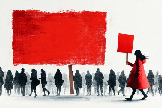A flat graphic of a crowd walking in one direction while a lone figure holds a sign in the opposite direction, representing ignored truth