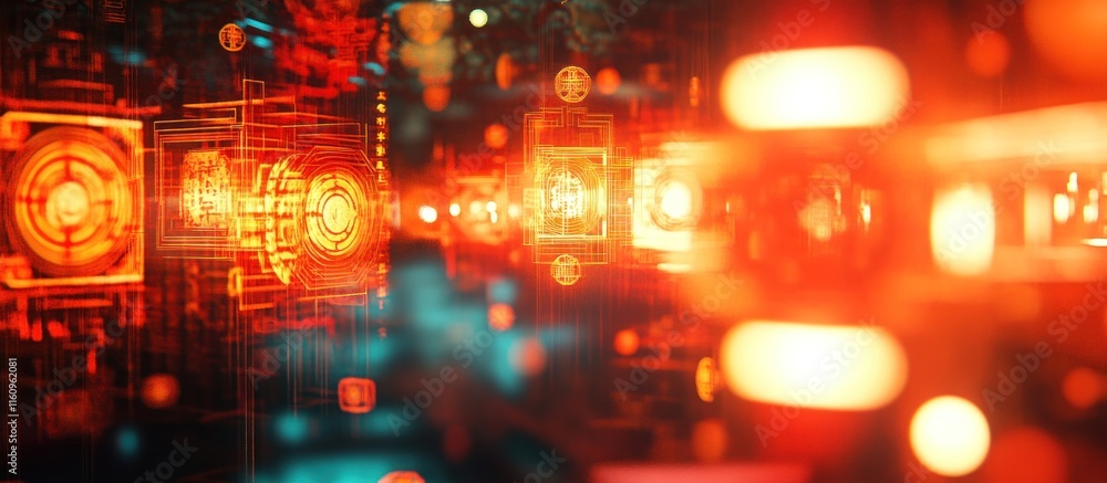 Poster abstract digital data stream with glowing orange and teal circuit boards and nodes.