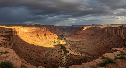 Fototapeta premium Dramatic canyon landscape. Red rocks and desert valley. Storm clouds and sunlight. Mountain shadows.