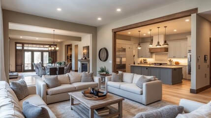 Beige living room interior with soft place, hall with wooden decoration and grey cabinets. Lounge zone and part of the kitchen with warm lighting.3D rendering
