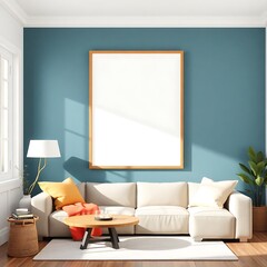 Modern Living Room Mockup:  A serene and stylish living room with a large blank frame mockup, perfect for showcasing your artwork, photography, or designs. The room features a cozy white sofa.