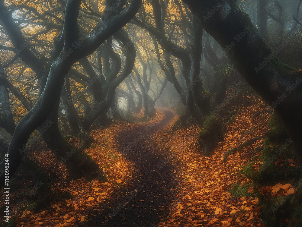 Poster Enchanting Forest Path with Twisted Trees and Golden Autumn Leaves in Misty Light. Autumn background