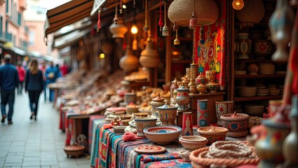 Traditional market situation with  colorful handmade art souvenir 