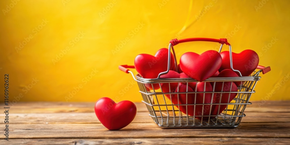 Aufkleber A single red heart sits on a wooden table next to a small shopping basket overflowing with red hearts against a yellow background.
