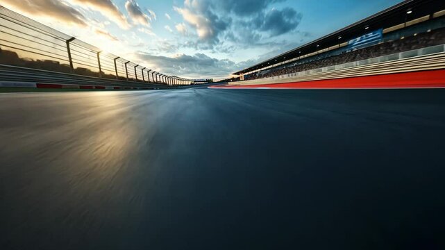Race track view at sunset with dramatic sky and empty grandstands in the background
