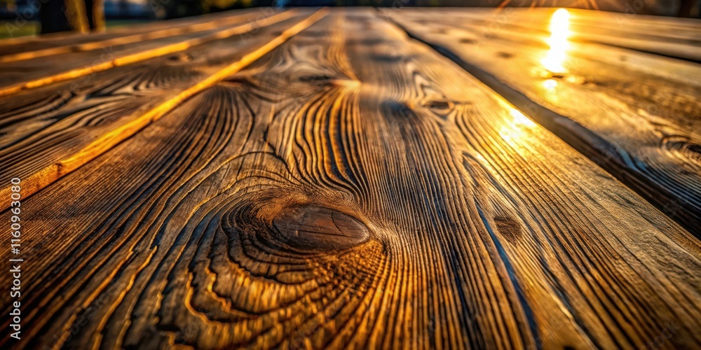Poster the golden hour casts its glow on the weathered wooden surface, illuminating the intricate grain pat