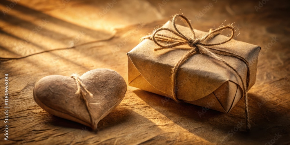 Aufkleber a rustic brown heart and a simple gift box wrapped in brown paper and twine on a wooden background b