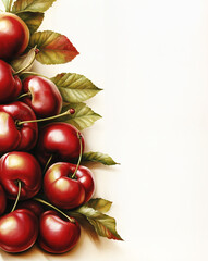 border of red juicy cherries on a branch on a white background watercolor illustration with copy space for cards / invitations