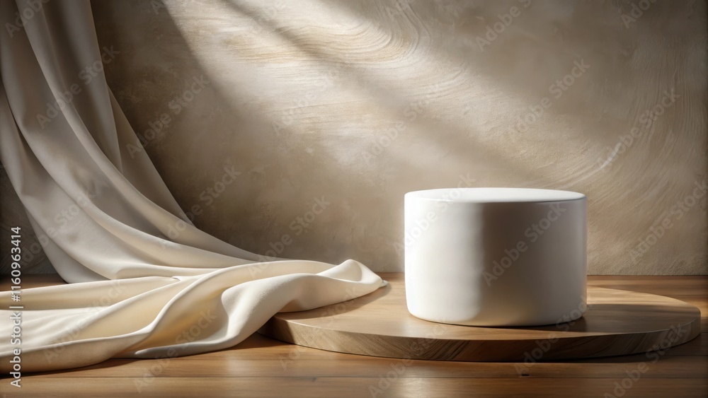 Aufkleber minimalist product display with white cylinder on wooden platform and draped fabric
