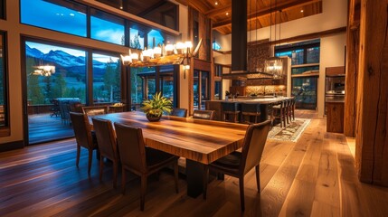 Obraz premium 3D rendering, warm dining room area design, wooden table and chair