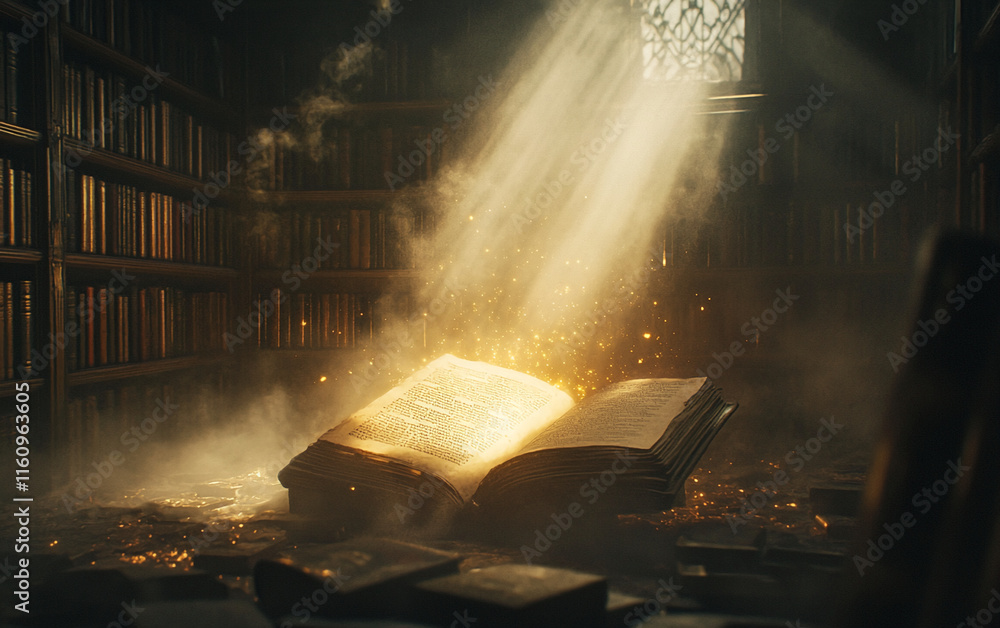 Poster Mystical Open Book in a Dimly Lit Library with Magical Light Rays and Floating Dust Particles