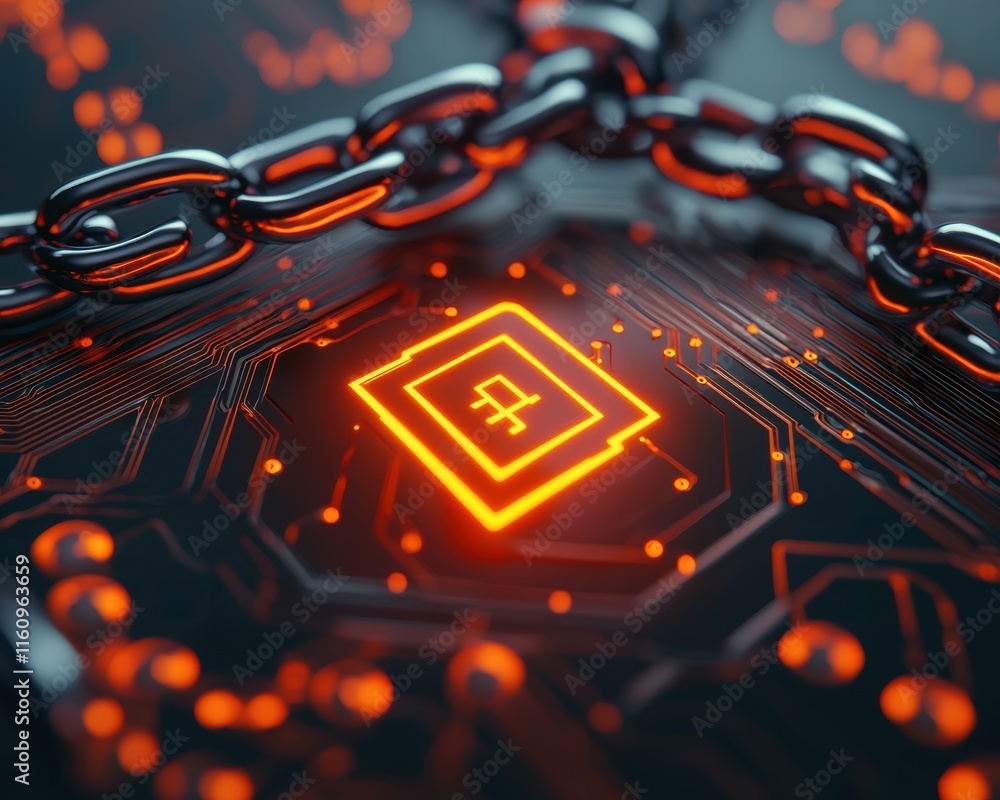 Poster digital technology concept with neon chain and circuit background