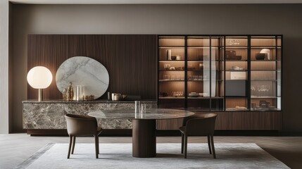 Interior dining room design with minimalist dining table. Include wall panel decoration with shelves rack and furniture lighting. Using marble and mirror furnishing.