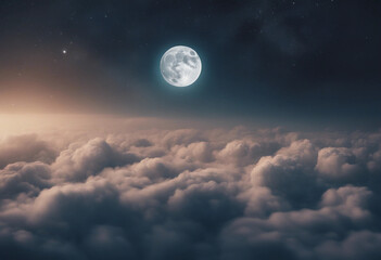 Romantic Moon In Starry Night Over Clouds