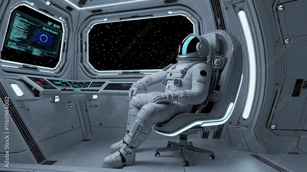 Poster astronaut at control center monitors space mission while seated in futuristic spacecraft environment
