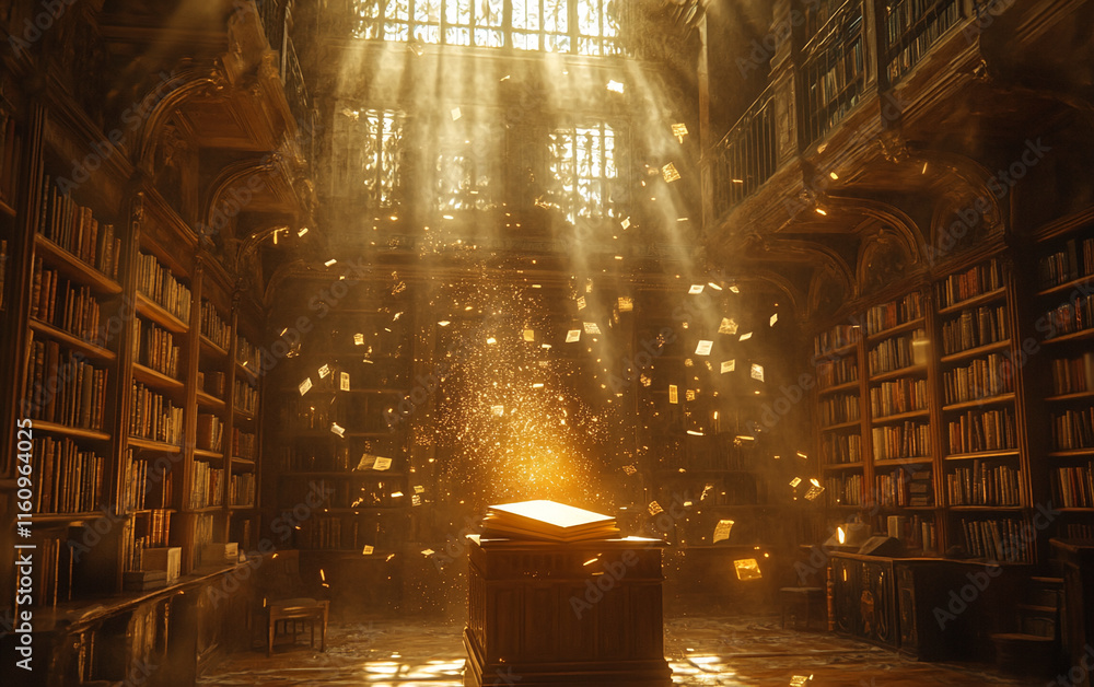 Poster Magical Library Scene with Floating Pages and Radiant Light Beams Illuminating a Central Book