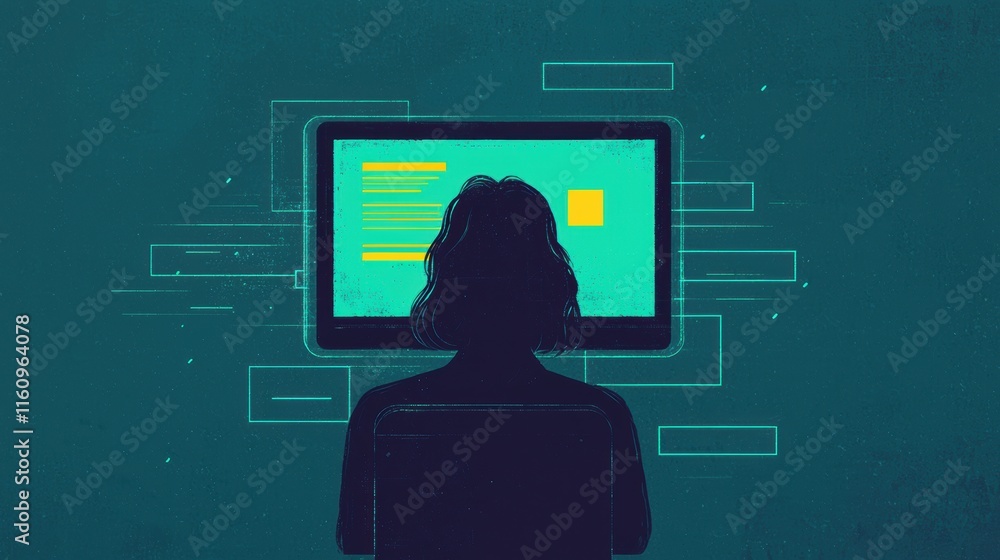 Poster person working at computer with abstract colors and lines
