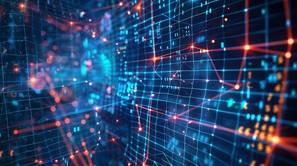 Obraz premium Abstract digital network visualization with interconnected blue and orange lines and nodes, representing data flow, connectivity, and complex systems. 