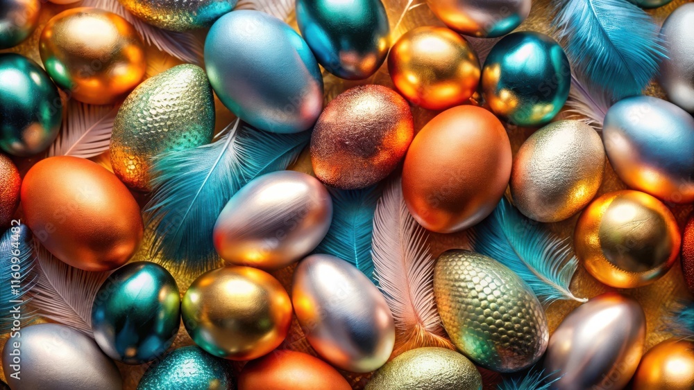 Poster a festive arrangement of iridescent eggs, adorned with shimmering textures and nestled amongst soft 