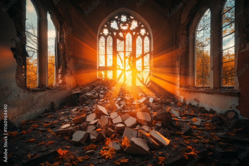 Poster a gothic depiction of a shattered cathedral window with light streaming through, symbolizing impactf