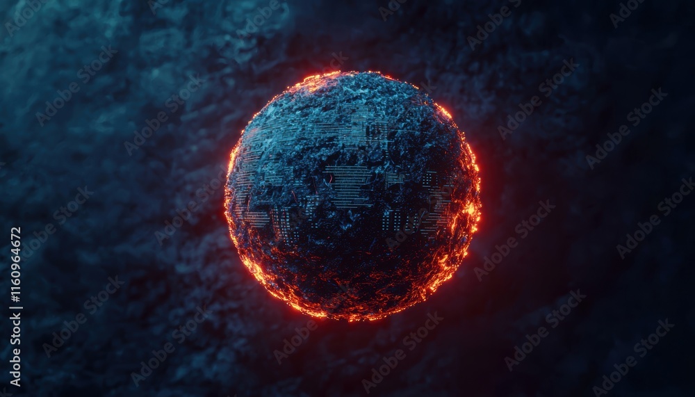 Poster fiery planet with lava and dark surface in cosmic background