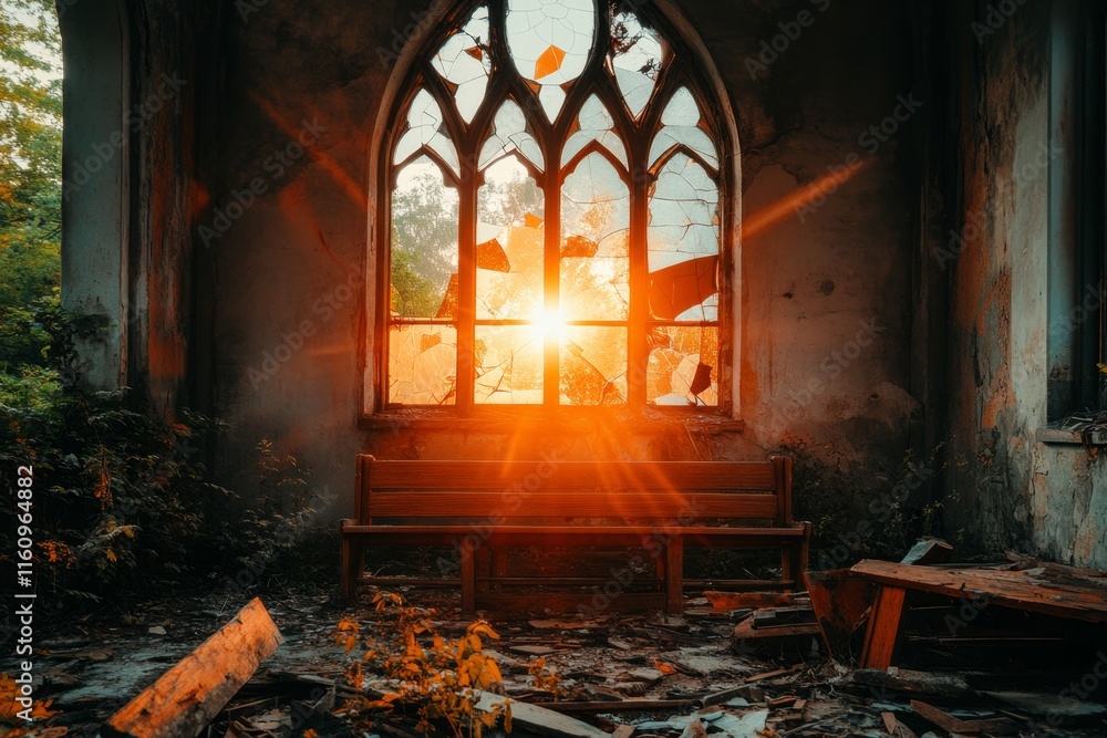 Poster a gothic depiction of a shattered cathedral window with light streaming through, symbolizing impactf