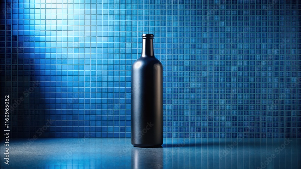 Poster a single black bottle stands in front of a blue tiled wall, creating a minimalist and elegant compos