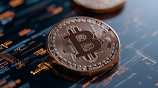 Bitcoin Cryptocurrency Coin on Digital Code Display