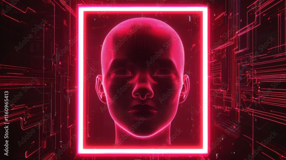 Poster futuristic digital face with neon frame and circuit background