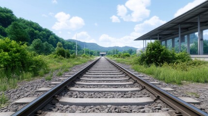 Fototapeta premium A tranquil railway track stretching through lush greenery and hills.