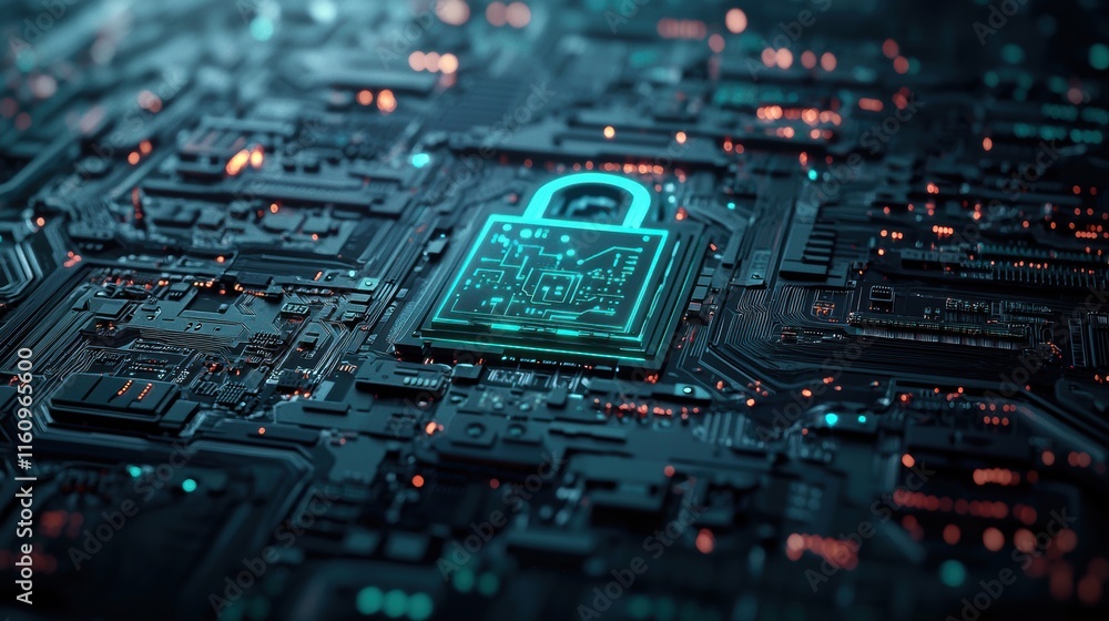 Poster digital lock symbol on circuit board abstract technology background