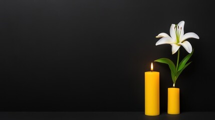 White Lily and Candle on Black Background - Elegant and Serene Decor with Copy Space