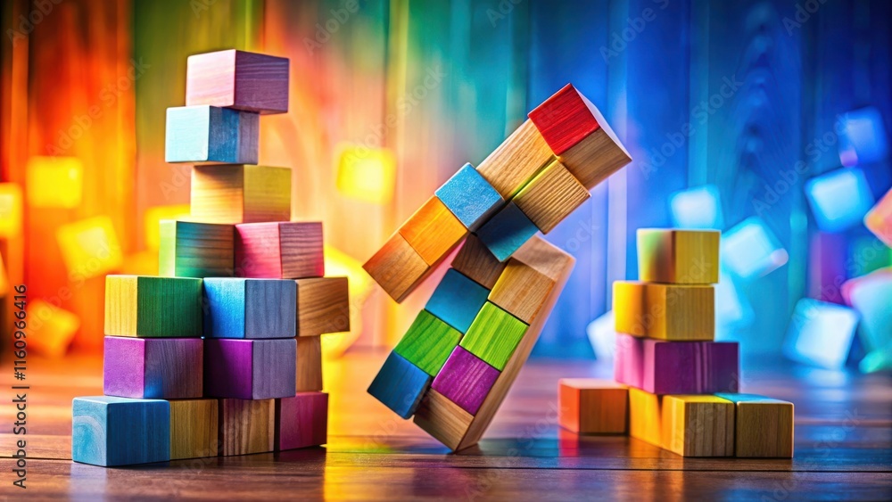 Aufkleber colorful wooden blocks in a tower and a row on a wooden table with a blurred rainbow background