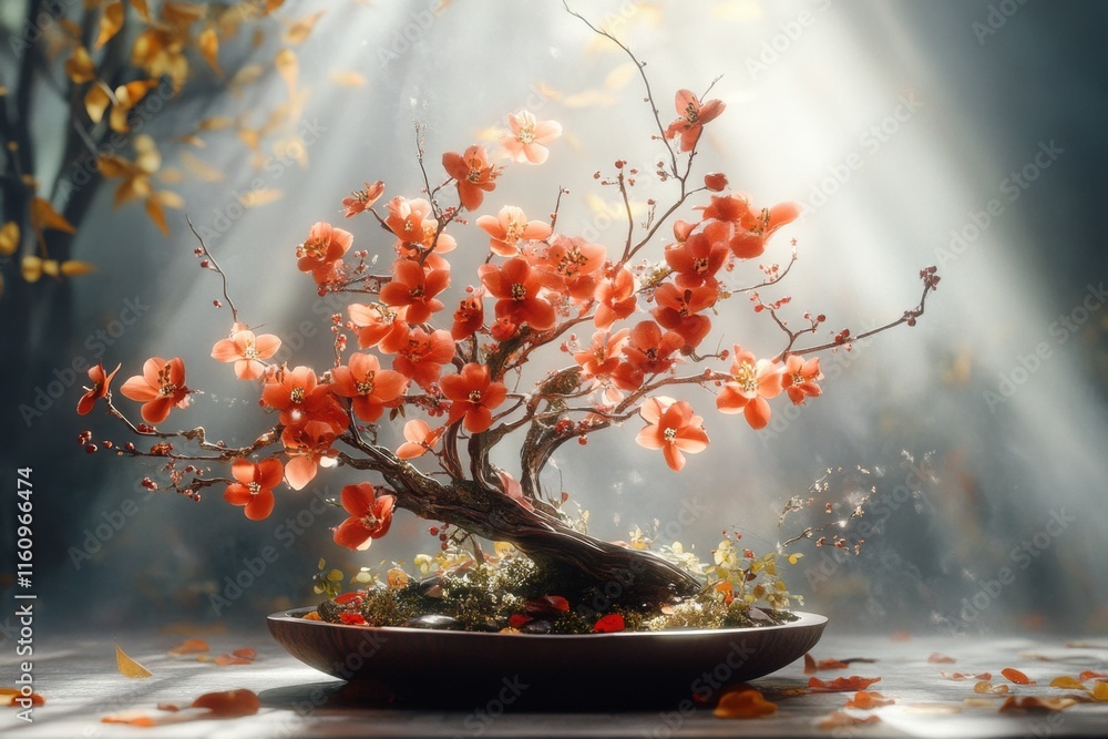 Poster a magical ikebana arrangement with flowers glowing softly and vines that appear to move, set in an e