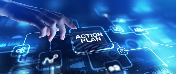 Action Plan Strategic Planning and Goal Setting, projection on a virtual screen, Business and...