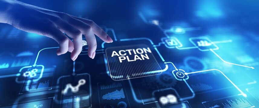 Action Plan Strategic Planning and Goal Setting, projection on a virtual screen, Business and Technology Concept.