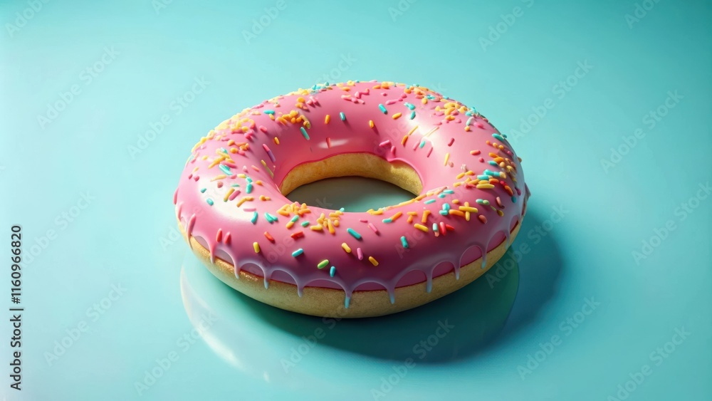 Poster a single pink glazed donut with colorful sprinkles sits on a light blue surface. the donut is slight