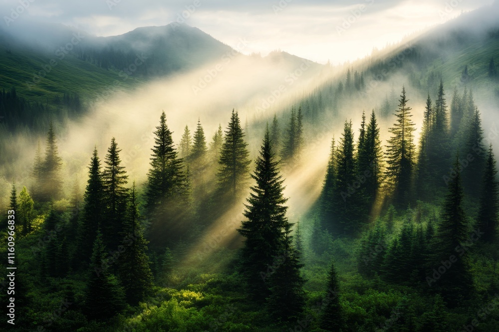 Poster a magical forest where light rays create the illusion of a hidden doorway among the trees