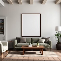 Modern Living Room with Blank Canvas Mockup: A contemporary living room with exposed wooden beams, a comfy green sofa, a stylish coffee table, and a large empty canvas frame.